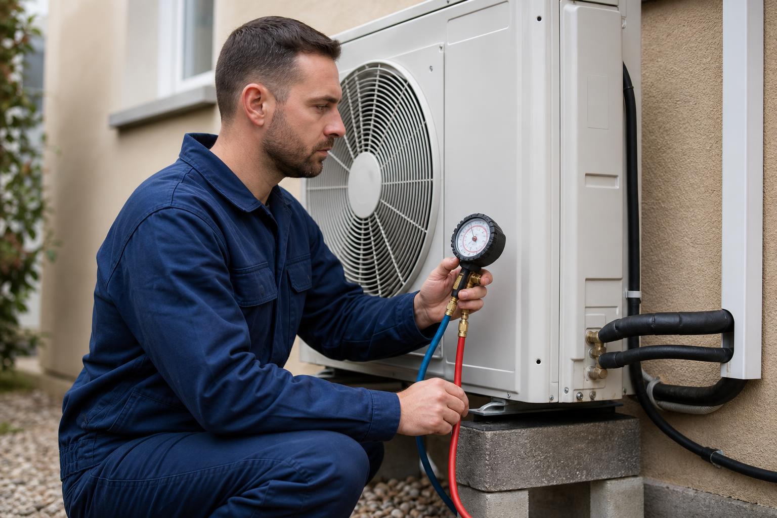 Technicien installant une pompe à chaleur